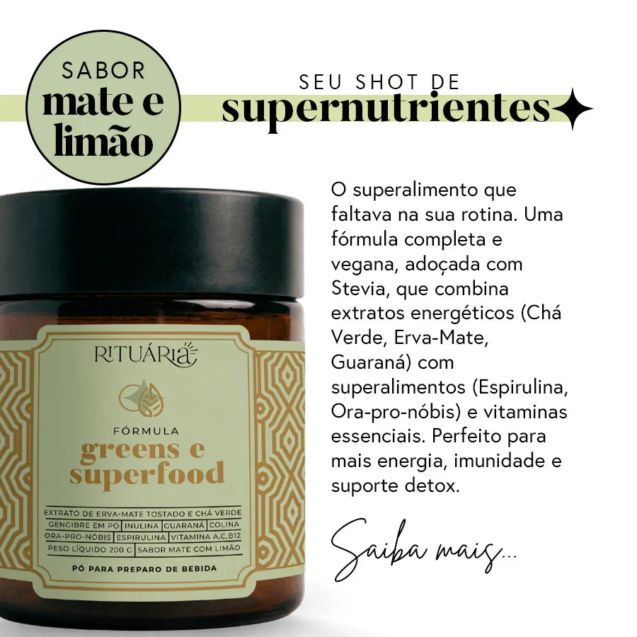 Fórmula Greens e Superfood  (Sabor Mate Limão) - Fibras + Espirulina + Colina + Vitaminas