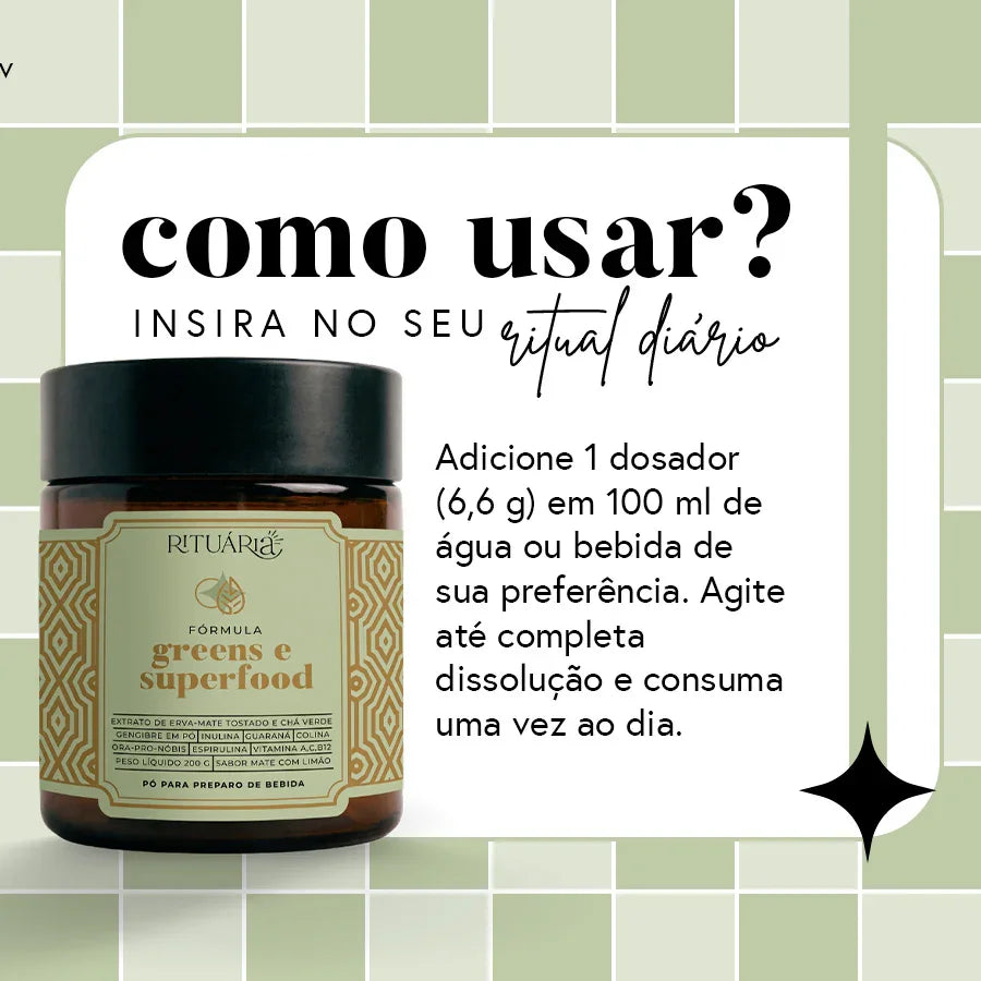 Fórmula Greens e Superfood  (Sabor Mate Limão) - Fibras + Espirulina + Colina + Vitaminas