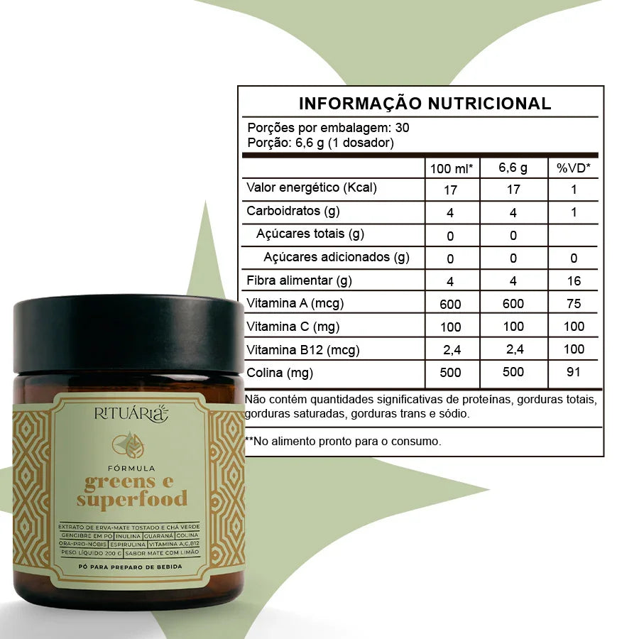Fórmula Greens e Superfood  (Sabor Mate Limão) - Fibras + Espirulina + Colina + Vitaminas