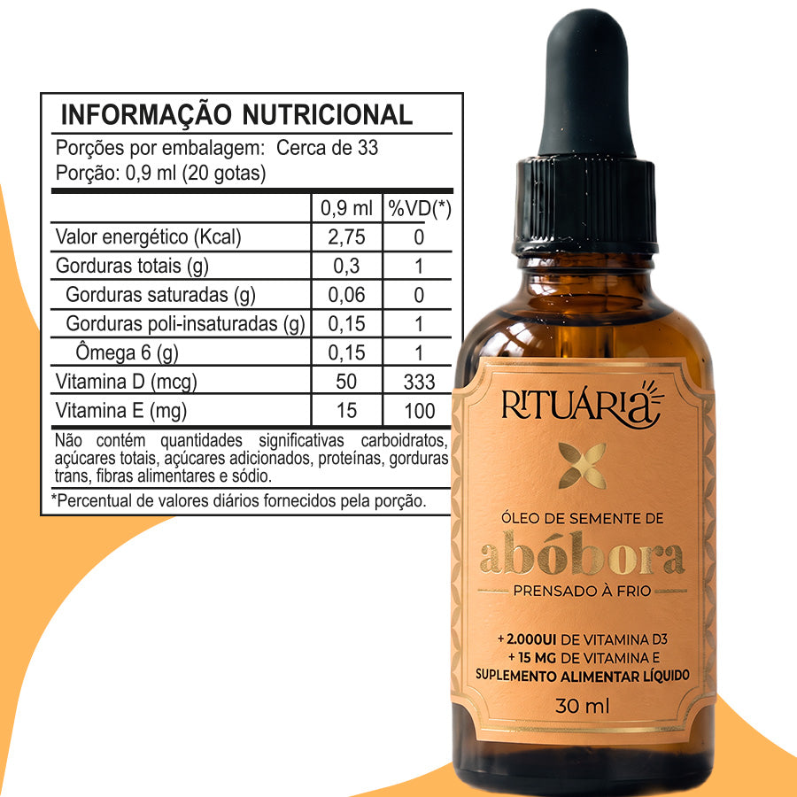 Óleo de Semente de Abóbora (prensado a frio) com Vitaminas D3 e E - 30 ml